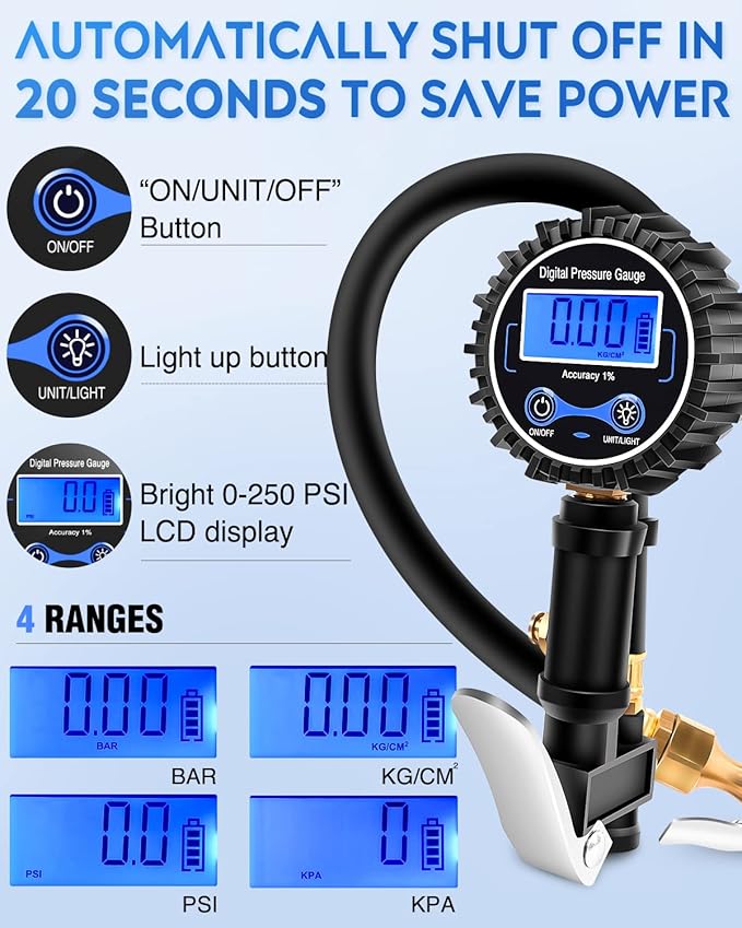 Nilight - 50057A Digital Tire Inflator Deflator with Pressure Gauge 250 PSI Air Chuck and Compressor Accessories with Rubber Hose and Quick Connect Coupler for 0.1 Display Resolution