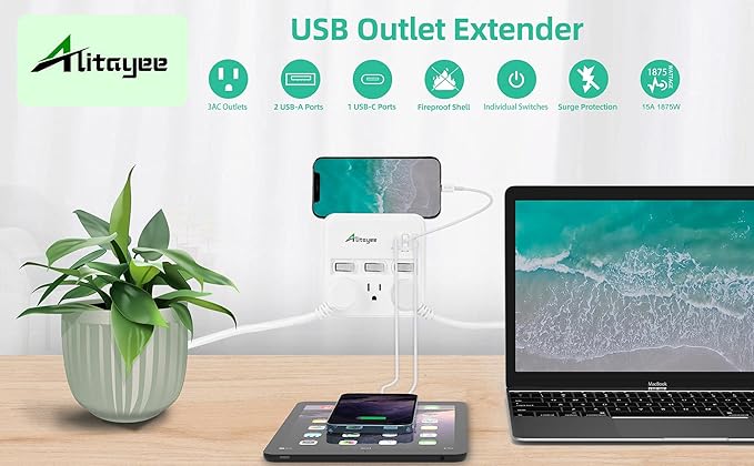 Alitayee Wall Outlet Extender Surge Protector, USB Power Strips with Individual Switches and 15.5W Type-C Fast Charging Ports for Cell Phone,Home,Office,Dorm ETL Listed White