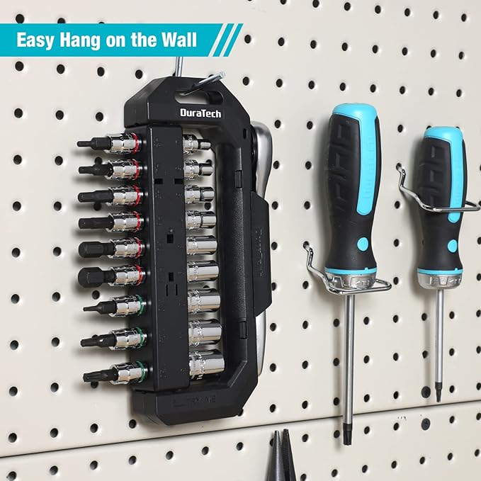 DURATECH 1/4" Drive Socket Set 20 Pieces, Including Metric and SAE Bit Sockets, Ratchet Wrench, Extension Bar, and Swivel Storage Rack, Cr-V S2 alloy steel, Meets ANSI Standards