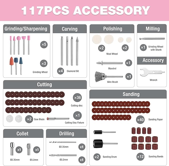 WORKPRO Cordless Rotary Tool, 8V Rotary Tool Kit with 117 Accessories, 6 Variable Speed, Type-C Charging, LED Work Light, Power Rotary Tool for Sanding, Polishing, Engraving, Cutting, DIY, Pink Ribbon