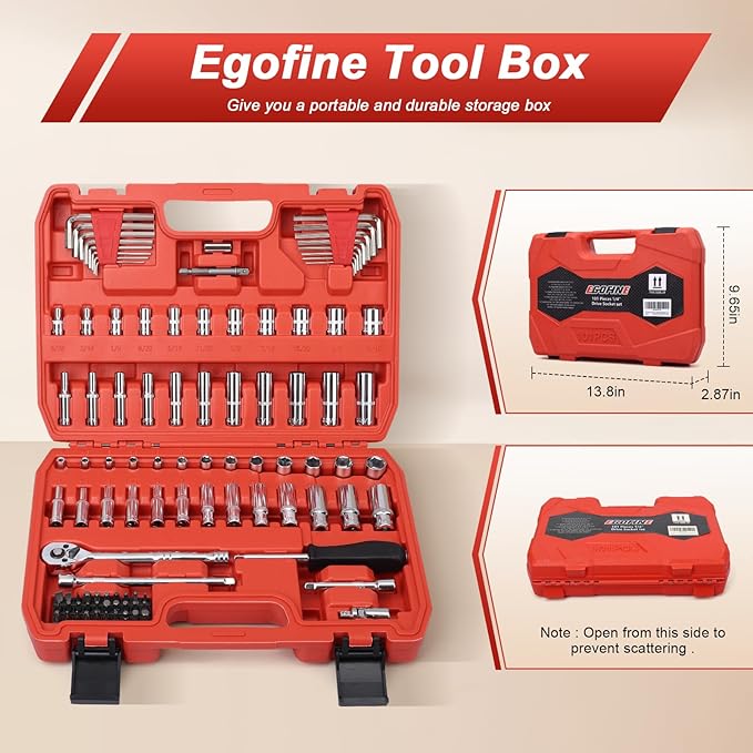 Egofine 1/4”Drive Socket Ratchet Wrench Set,101 PCS Metric(4-14mm),SAE(5/32-9/16”),with 72-Teeth Ratchet Wrench,Bit Socket Set,Extension Bar,Allen wrench for Auto Repair and Household