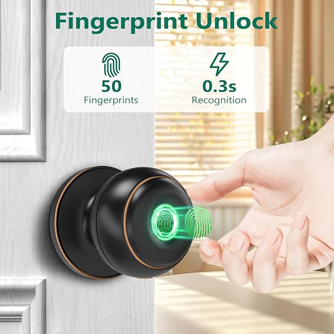 GeekTale Fingerprint Door Lock for Bedrooms, Fingerprint Door Knob with Lock, Smart Door Lock, App Control, Back-up Keys, Thumbprint Door Knob for Bedrooms, Office, Apartment