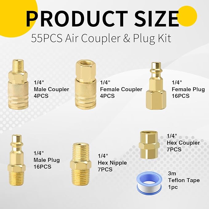 Air Coupler & Plug Kit,55 Pcs 1/4" NPT Air Tool Fittings Set,Quick Connect Air Hose Fittings Air Compressor Accessories
