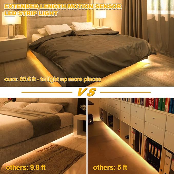 MY BEAUTY LIGHT Motion Activated LED Strip Lights, 65.6ft LED Light Strip with Day or Night 2 Lighting Modes,3 Timing Off Modes,Warm White 24v Plug-in LED Rope Lights for Under Cabinet,Kitchen,Stair