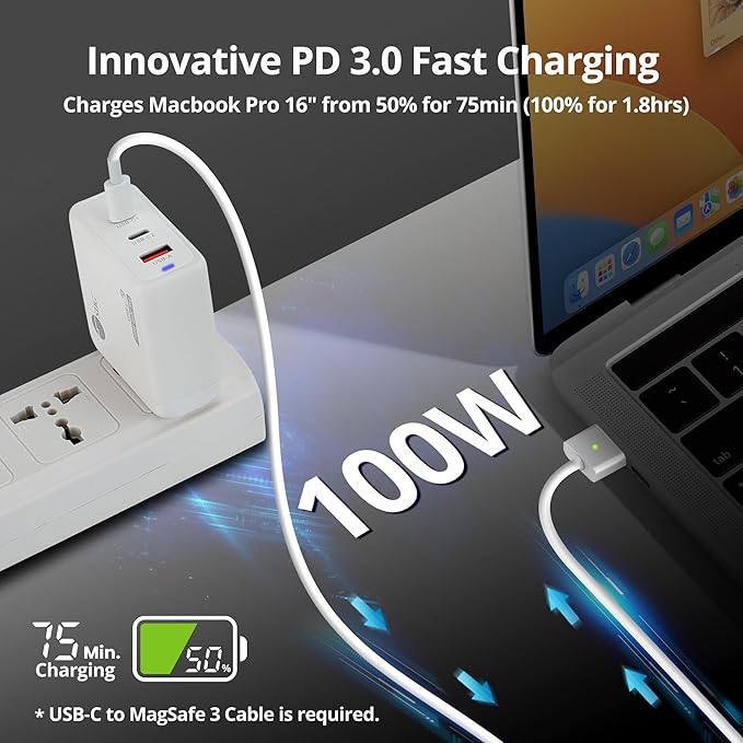 SIIG 100W USB C Charger, 3-Port GaN 3 Pro Fast Wall Charger, 2 USB-C PD 3.0, 1 USB-A QC 3.0 Ports, Compact Foldable Plug, ETL Certified, for MacBook, iPhone, Samsung Galaxy, and More (AC-PW1Z11-S1)