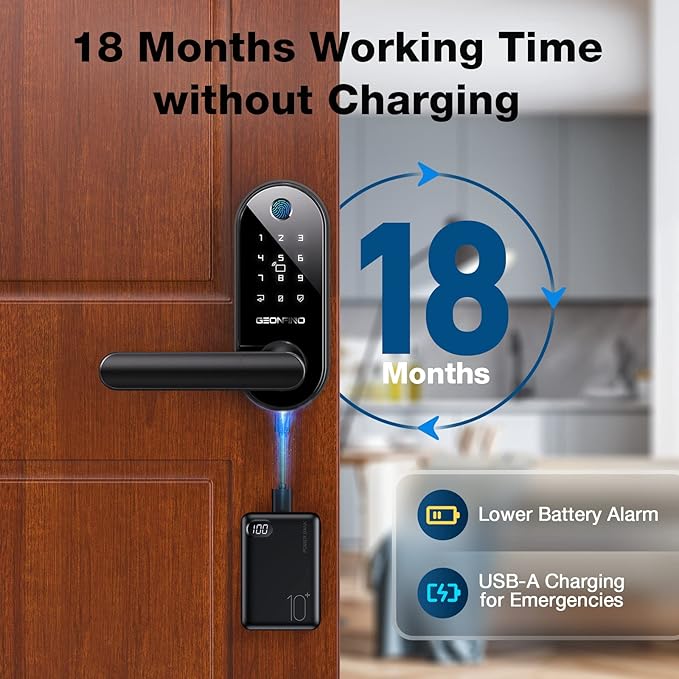 GEONFINO Smart Door Lock 6-in-1 Fingerprint Door Lock with Anti-Peeping, Black Keyless Door Lock with Biometric Handle for Home