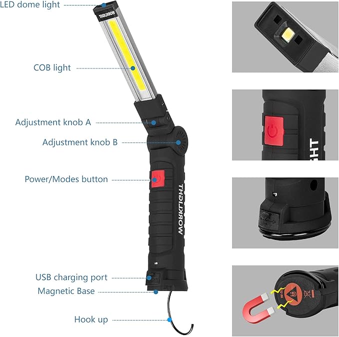 LED Rechargeable WorkLight Tools for Mens Dad Gift,Magnetic Flashlights with Hook 360° Rotate 5 Modes Emergency Light for Mechanic, Automotive,Camping and Christmas Birthday Gift(2 Pack)