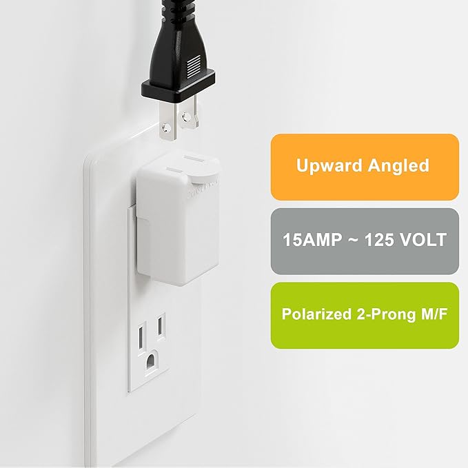90 Degreen 2 Prong Adapter, Plugrand Up Angled Nema 1-15P to 1-15R UP Angled Adapter, US 2 Pin Adapter PA-0507 White Color