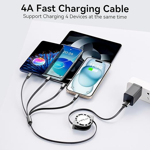 Multi Charging Cable 4A, 2Pack 4Ft Retractable Multi Fast Charger Cable, Multiple Charging Cord, 4 in 1 Multi USB Cable with Type C/Micro USB Ports for Cell Phones/IP/Galaxy/PS/Tablets/iPads