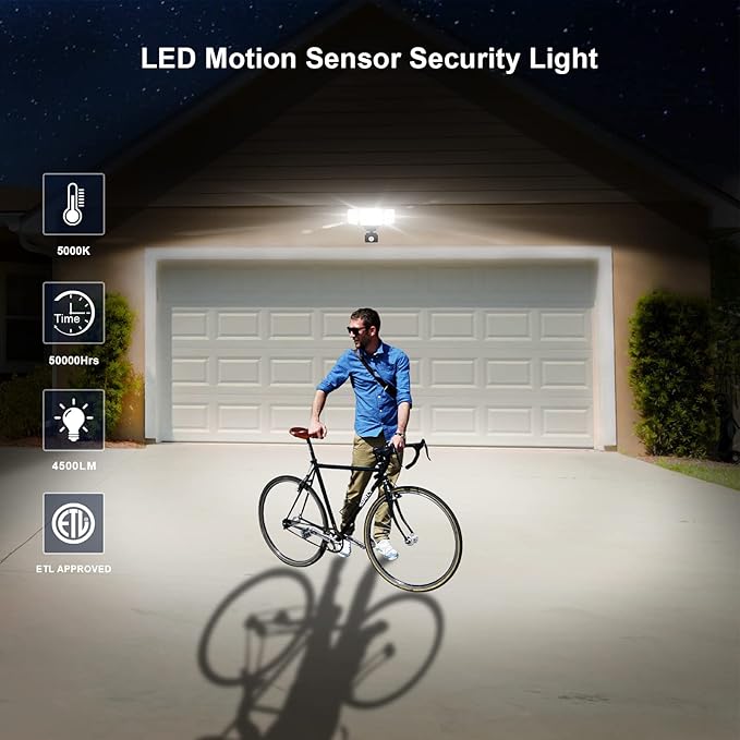 EMANER Outdoor Flood Lights Motion Sensor, Dusk to Dawn & Detection Adjust, Outside LED Security Lights 4500lm 120V, 5000K 3-Head Frosted Lens, Wall Lights for Patio/Driveway/Yard, (2-Pack, Black)