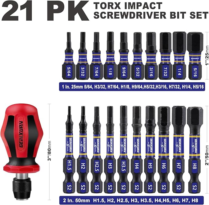 Magnetic Changeable Head Manual Screwdriver Set Include Quick Change Mini Screwdriver and 20Pcs Impact S2 Hex Screwdriver Bits, Quick Release 1/4” Hex Bit Extension Holder