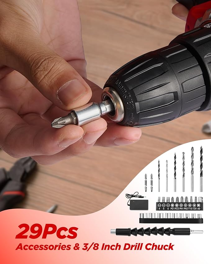 Drill, 21V Cordless Drill with Dual 2.0Ah Power Pack and Charger, Electric Power Drills Set, 3/8 Inch Chuck, 25+1 Torque, 2 Speed 29 Accessories Tool for DIY, Gifts