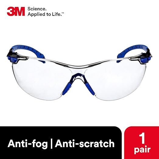 3M Safety Glasses, Solus 1000 Series, ANSI Z87, Scotchgard Anti-Fog, Indoor/Outdoor Grey Lens, Blue/Black Frame