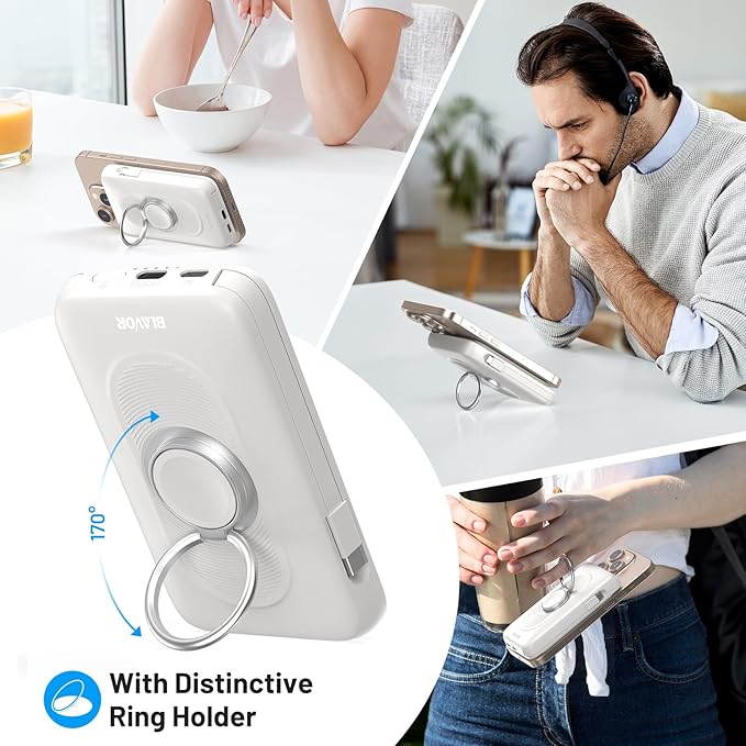 BLAVOR for Magsafe Portable Charger with Built-in Cables, 20W Fast Charging, 10000mAh Magnetic Wireless Power Bank, Battery Pack with Stand for iPhone 16/15/14/13/12, Powerbank for Apple Watch(White)