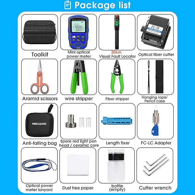 Fiber optic tool kit 10 in 1 FTTH tool set cold joint Fiber optic Termination tool Kit with 7S Optical Fiber Cleaver M7 Optical power meter -70~+10dbm 30KM visual fault locator VFL(BSL）