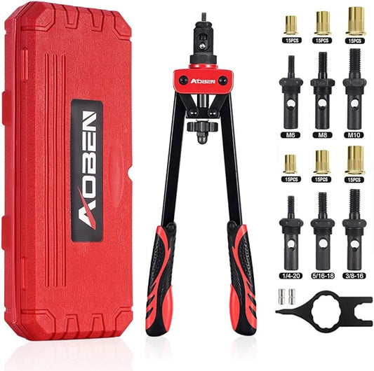 AOBEN 14" Rivet Nut Tool, Professional Hand Rivet Nut Setter Kit Labor-Saving and Compact Design Including 6 Interchangeable Mandrels 90pcs Rivnuts and 2 Mandrel Lock Pins