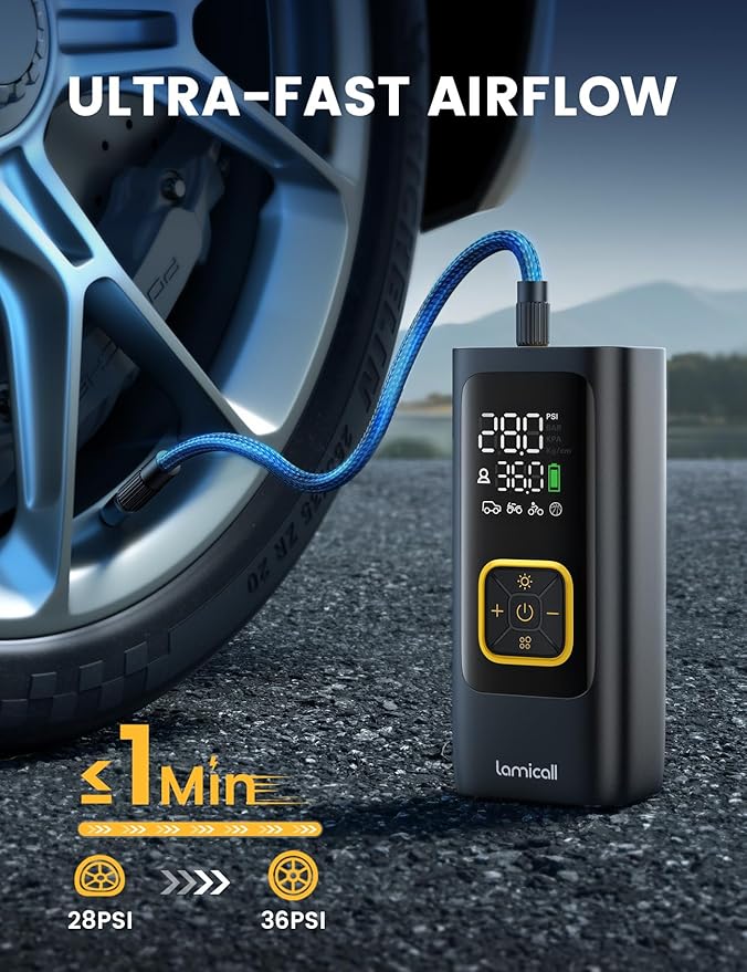 Tire Inflator Portable Air Compressor - Lamicall [4X Faster][150 PSI] Car Bike Air Pump with Rechargeable Battery, Digital Display Pressure Gauge, LED Light, Cordless Pump for Cars, Motorcycle, Ball