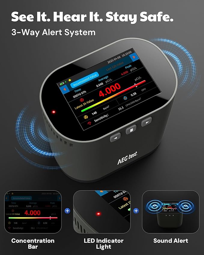 HOUND-3786 Radon Detector for Home, 10-Min Update, 3.5" Large Display, Long-Term Radon Monitoring with Data Charts, PDF Export, Audible & Visual Alarm, pCi/L & Bq/m³ -Black