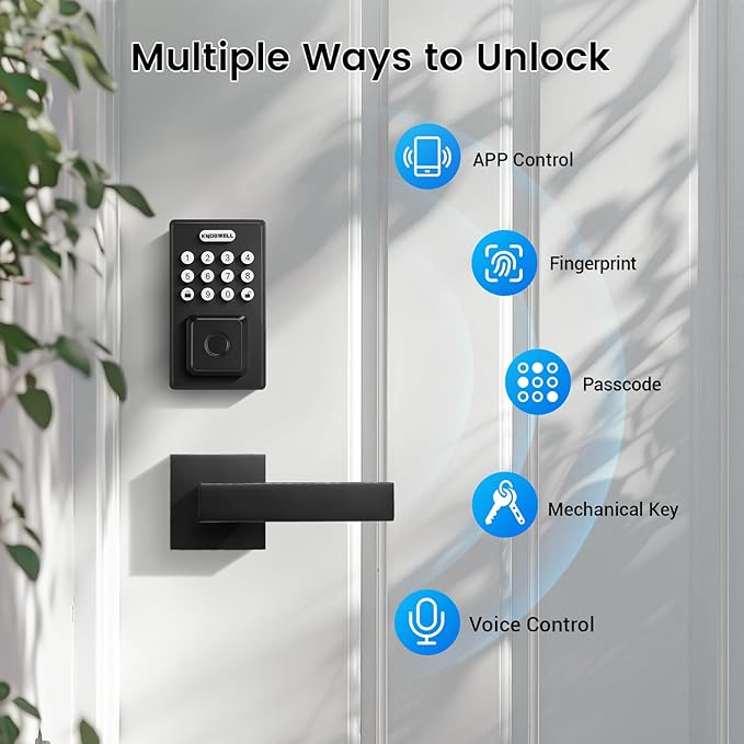 KNOBWELL Smart Fingerprint Door Lock with Lever Handle, Keyless Entry, Biometric Keypad, Electronic Deadbolt Lock，Matte Black