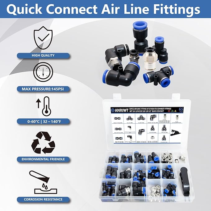 65 Pcs Quick Connect Air Hose Fittings Kit - 1/8" to 1/2" NPT Thread Push To Connect Fittings