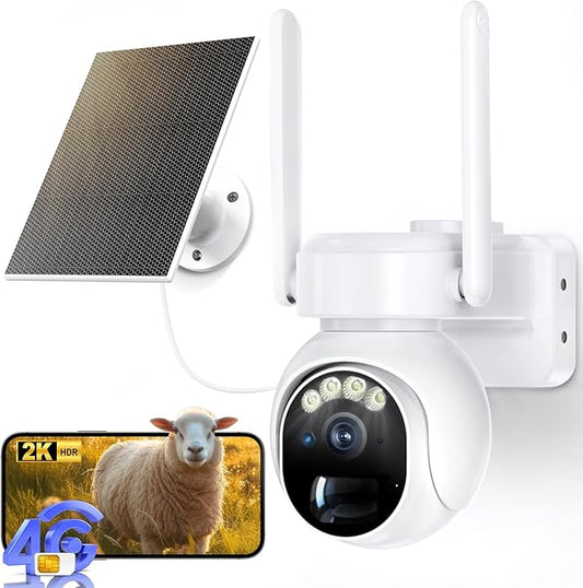 Solar Security Cameras Wireless Outdoor - 4G LTE Battery Powered Cameras for Home Security, 360°View PTZ, IP66 Waterproof, 2K HD Color Night Vision, Human Tracking, 2-Way Audio, SD/Cloud Storage