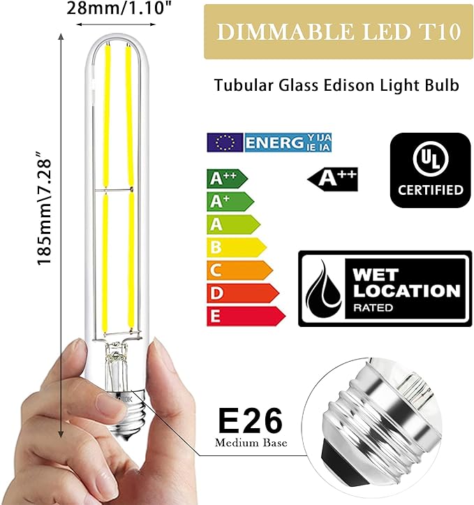7.3 Inch E26 Led Bulb 6W Dimmable, 6000K Cool White Edison Bulbs 800LM, Equal 80 Watt Tubular T10 T9 Long Clear Glass Light Bulb for Rustic Pendant Industrial Pipe Wall Sconces - 6Pack