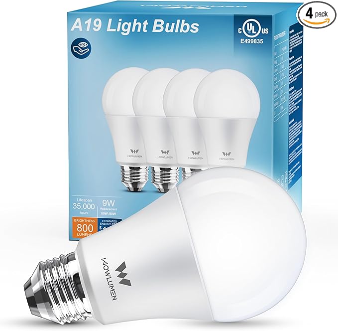 A19 LED Light Bulb, 9W E26 Lighting Bulbs(60 Watt Equivalent),5000K Cool White, 800LM Standard Base for Kitchen, Living Room, Corridor, Office, UL Listed, 4 Packs