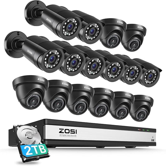 ZOSI 3K Lite 16CH Security Camera System with AI Human Vehicle Detection, Night Vision, 16 x 1080p Outdoor Indoor CCTV Wired Cameras, 16 Channel H.265+ Surveillance DVR with 2TB HDD for 24/7 Recording