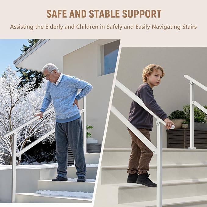 Hand Rails for Outdoor Steps,4-5 Step Railing for Stairs,Adjustable Porch Railing,Hand Rails for Seniors,Outdoor Deck Handrails for Exterior Steps,White