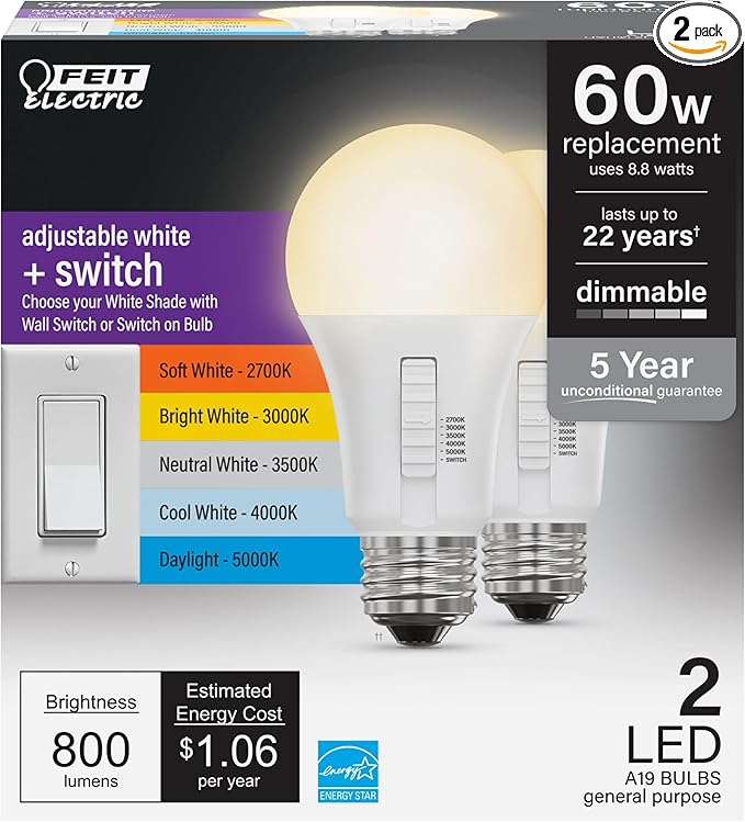 Feit Electric A19 LED Light Bulb, 60W Equivalent, Dimmable, Color Selectable 6-Way, 5CCT, E26 Medium Base, 90 CRI, 800 Lumens, 22-Year Lifetime, Damp Rated Lightbulb OM60DM/6WYCA/2, 2 Bulbs