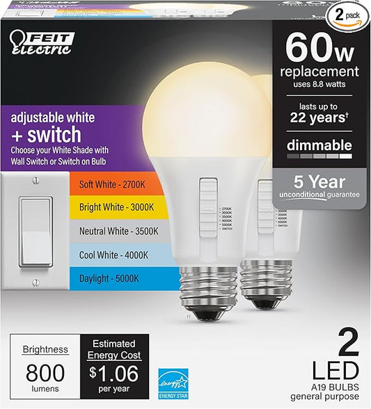 Feit Electric A19 LED Light Bulb, 60W Equivalent, Dimmable, Color Selectable 6-Way, 5CCT, E26 Medium Base, 90 CRI, 800 Lumens, 22-Year Lifetime, Damp Rated Lightbulb OM60DM/6WYCA/2, 2 Bulbs