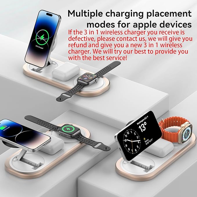 3 in 1 Wireless Charger for iPhone, Foldable Charging Station for Magsafe for iPhone 16/15/14/13/12/Pro Max/Pro/Mini/Plus, Apple Watch 10/9/8/7/SE/6/5/4/3/2/1/Ultra2/Ultra, AirPods pro/2/3/4 (Golden)