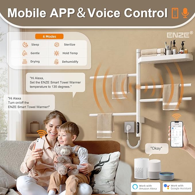 ENZE Smart Rotating Heated Towel Rack for Bathroom, Wall-Mounted Electric Towel Dryer with Swivel Bars & Shelf, Smart Timer, Low Carbon Steel, Plug-in/Hardwired, Towel Warmer with Wi-Fi App Control