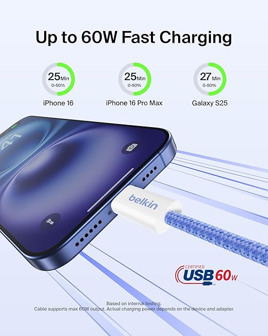 Belkin USB C to USB C Cable 2-Pack, 6.6ft, 60W - Type C Charger, iPhone Charger Cord, Soft, Braided, Flexible for iPhone 16, Galaxy S25, Pixel 9, Airpods, iPad Pro & More, Travel Essentials - Blue