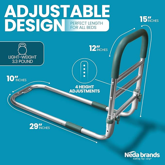 NEDA Adjustable Bed Rails for Elderly Adults – Medical Bed Assist Handle, Safety Support Rail for Seniors, Bedside Rail for All Bed Sizes, with Storage Bag ASTM F3186-17 & 16 CFR 1270 CPSC Certified