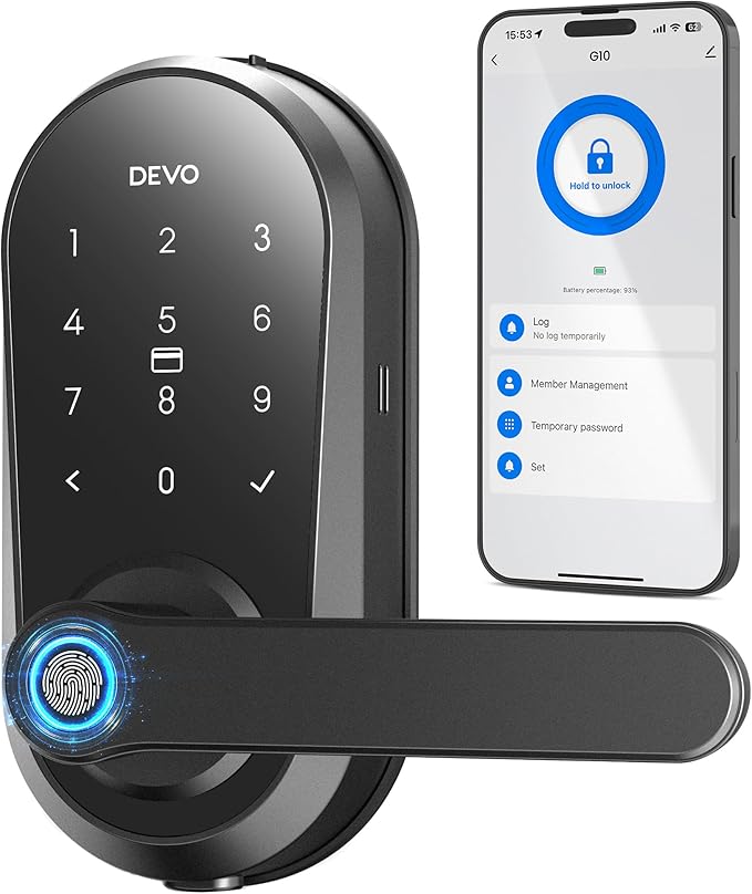 Devo G7 Smart Door Lock with Handle, Keyless Entry Door Lock, Touchscreen Keypad Deadbolt, Fingerprint Door Knob, Built-in-Wi-Fi, APP Remote Control, Auto Lock, Easy Installation