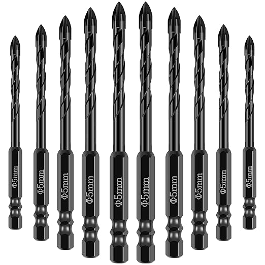 10Pcs Concrete Drill Bit Set 5mm Alloy Masonry Drill Bit Set Stable Carbide Tipped Tile Drill Bit Cross Head 1/4 Hex Shank Drilling Hole Bit for Concrete Cement Brick Wood (5mm 10pcs)