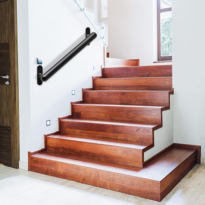 Dolibest 16 Inch Wall Mount Metal Handrail, Staircase Step Handrail, Non-Slip Safety Grab Handle, Barrier-Free Staircase Grab Bar for Elderly, Indoor & Outdoor Use, 1.3 Inch Round (Black)