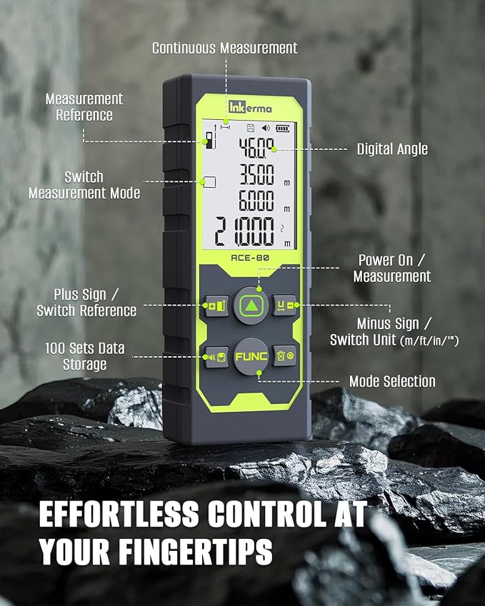 Laser Measure, Inkerma Laser Measurement Tool, Laser Distance Meter with Angle Sensor, Ft/in/M Multiple Units, Length/Area/Volume/Pythagorean Mode,Battery Included