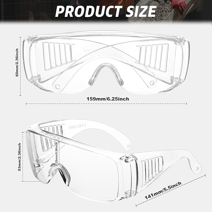 Safety Glasses Over Eyeglasses with Anti-Fog and Scratch Resistant ANSI Z87 Safety Goggles Over Glasses