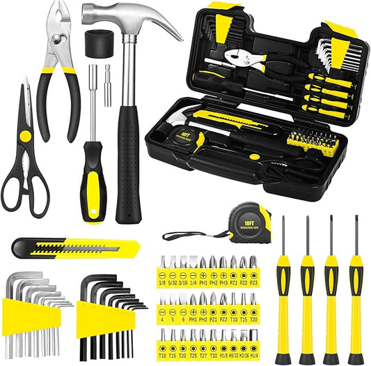 58-Piece Tool Kit Basic Home Repair Tool Set, General Household Hand Tool Kit,Small Tool Kit with Plastic Toolbox Mini Tool kit for Women, Office & College Repairs Yellow