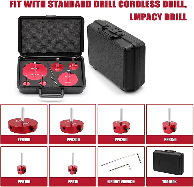PVC Pipe Reamer, 6 Piece Plastic PVC Pipe Fitting Saver Kit Fit into Standard 1/2" Drills PVC Socket Saver Tool Contains 3/4inch, 1inch, 1-1/2inch, 2inch, 3inch, 4inch Head