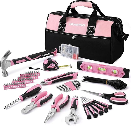 WORKPRO Pink Tool Kit, 263-Piece Home Repairing Tool Set with Wide Mouth Open Storage Bag, Household Tool Kit - Pink Ribbon