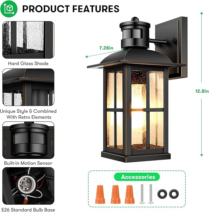 Motion Sensor Outdoor Light - Advanced Dusk to Dawn Exterior Lantern Fixtures Wall Sconce, Waterproof Porch Light Fixtures Wall Mount for Entryway Garage, Anti-Rust 100% Aluminum