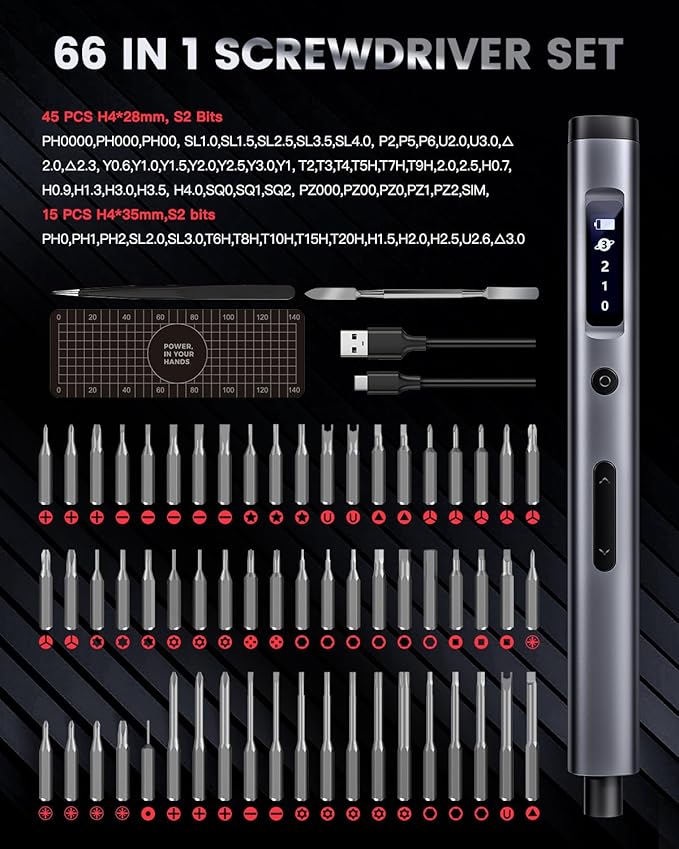 LIFEGOO Mini Electric Screwdriver Set: 66 in 1 Cordless Electric Precision Screwdriver Set - 60 Magnetic Bits, 3-Level Torque, Mini Power Screwdriver Repair Tool Kit for Phone Watch Camera Laptop PC