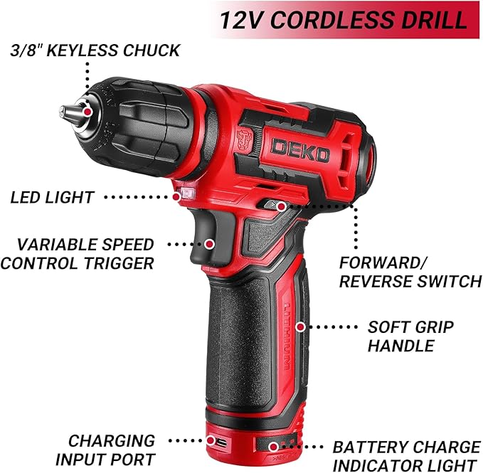 Drill Tool Set：Tool Kit with 12V Power Cordless Drill Hand Repair Tools Box with Drill, Home Tool Kits for Men & Women, Hand Drill Set Perfect for Homeowner, Diyer, Handyman - Red