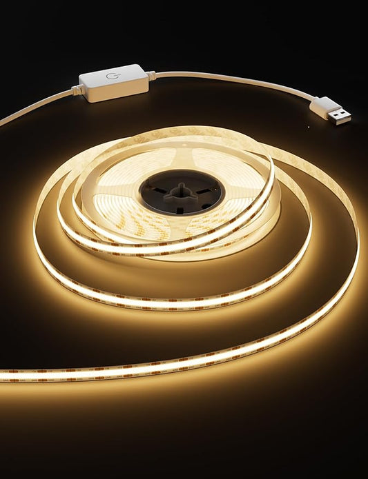MIWISE LED Strip Lights,Super Bright 5V USB COB Tape Light 9.84ft/3m 2700K Warm White with Touch Dimmer Switch,CRI90+ Flexible Dimmable TV Backlights,for Mirrors,Under Cabinet,Home DIY Projects