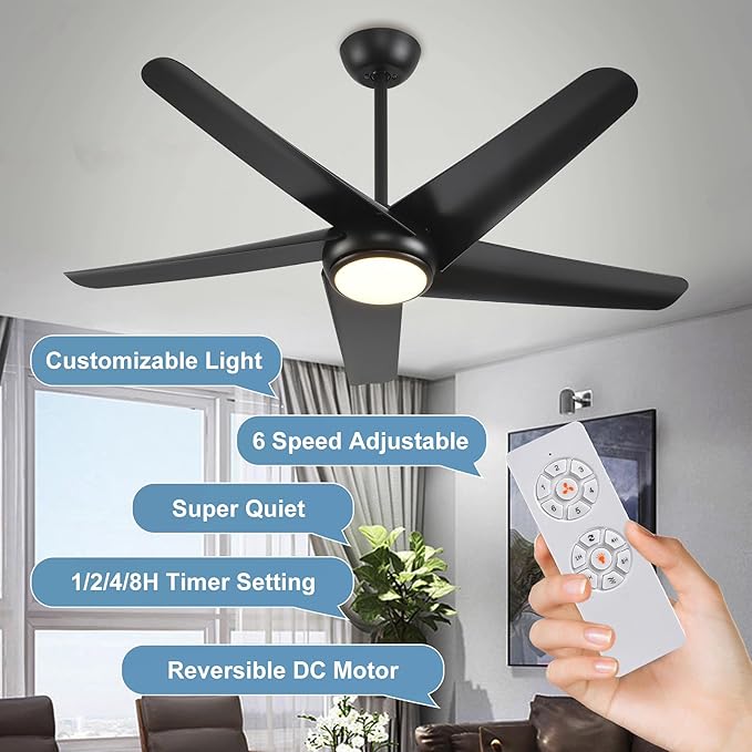 KINDLOV 52 inch Ceiling Fans with Lights and Remote,Outdoor Ceiling Fan with Light,6 Speeds,3CCT,Black Modern Ceiling Fan for Bedroom,Patio,Living Room,Indoor/Outdoor Use