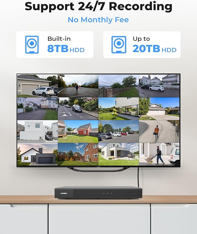 H.VIEW 4K 16 Channel Security Camera System 8TB Ultra Large HDD,16Pcs CCTV Camera Kits PoE 8MP Outdoor Bullet Wired Surveillance Video with Audio,16CH 4K H.265 NVR for 7/24 Recording