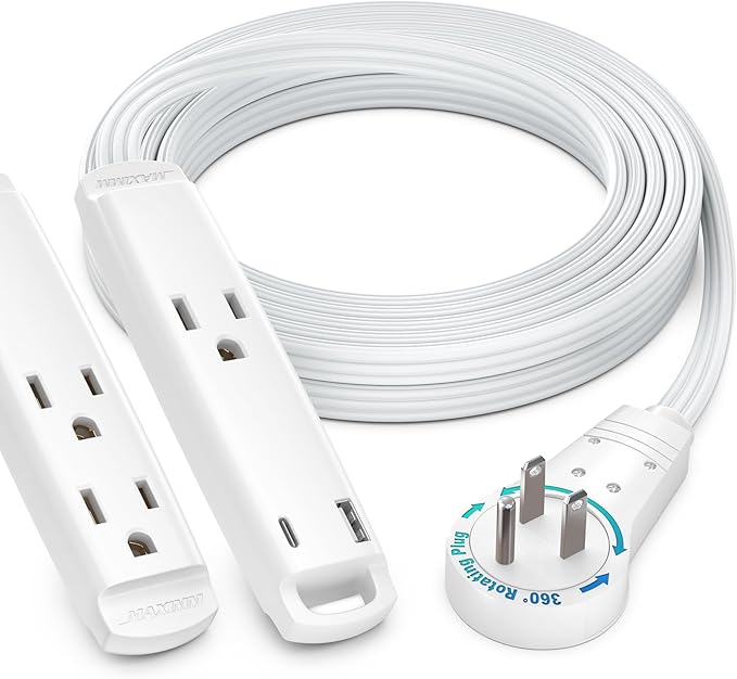 Maximm 360° Rotating Flat Plug Extension Cord 3-Outlet with USB-C and USB-A Ports 10FT, 3-Prong Flat Wire 16AWG, UL Certified (White)